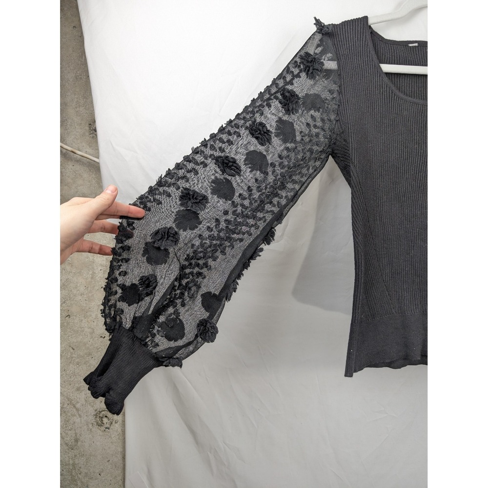 Black Sheer Mesh Top Blouse 3D Floral Balloon Sleeve XS Whimsigoth Fairy Grunge - Picture 3 of 7